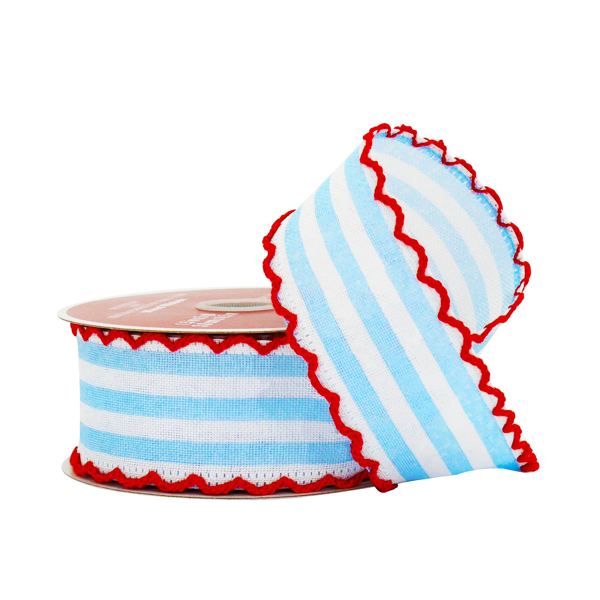 1.5" x 5yd. Blue & White Stripes with Red Edge Wired Cross Linen Ribbon by Celebrate It®